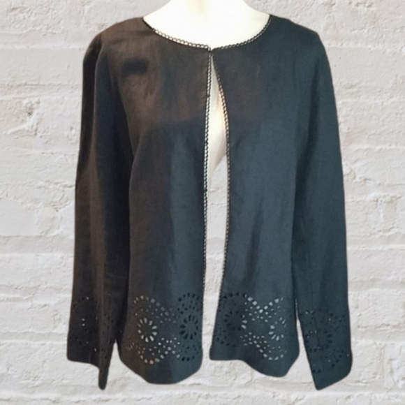 70. Laura Ashley jacket, collar-less black linen, laser cut, EUC - Picture 2 of 11